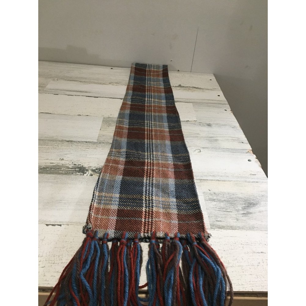 Plaid scarf with fringe blue pink burgundy 7”x62”